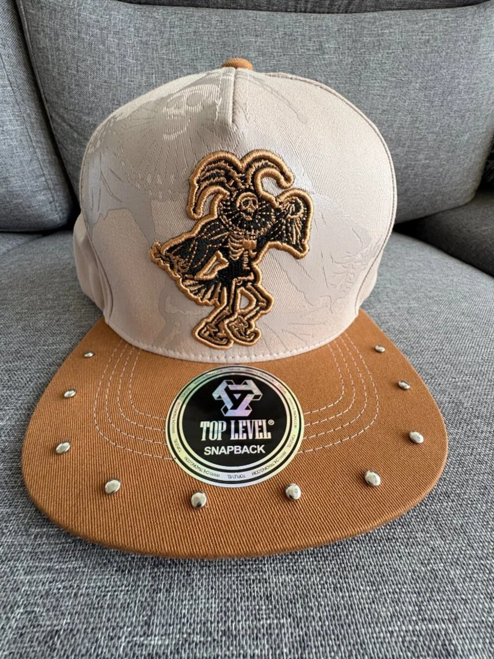NWT Top Level Beige Brown Skeleton Jester Studded Snapback Hat Streetwear OS